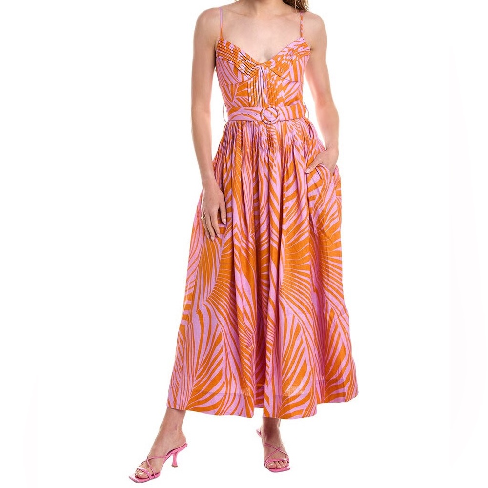 NICHOLAS Mireille Pintucked Belted Linen Midi Dress - Palm Combo - Size US 6